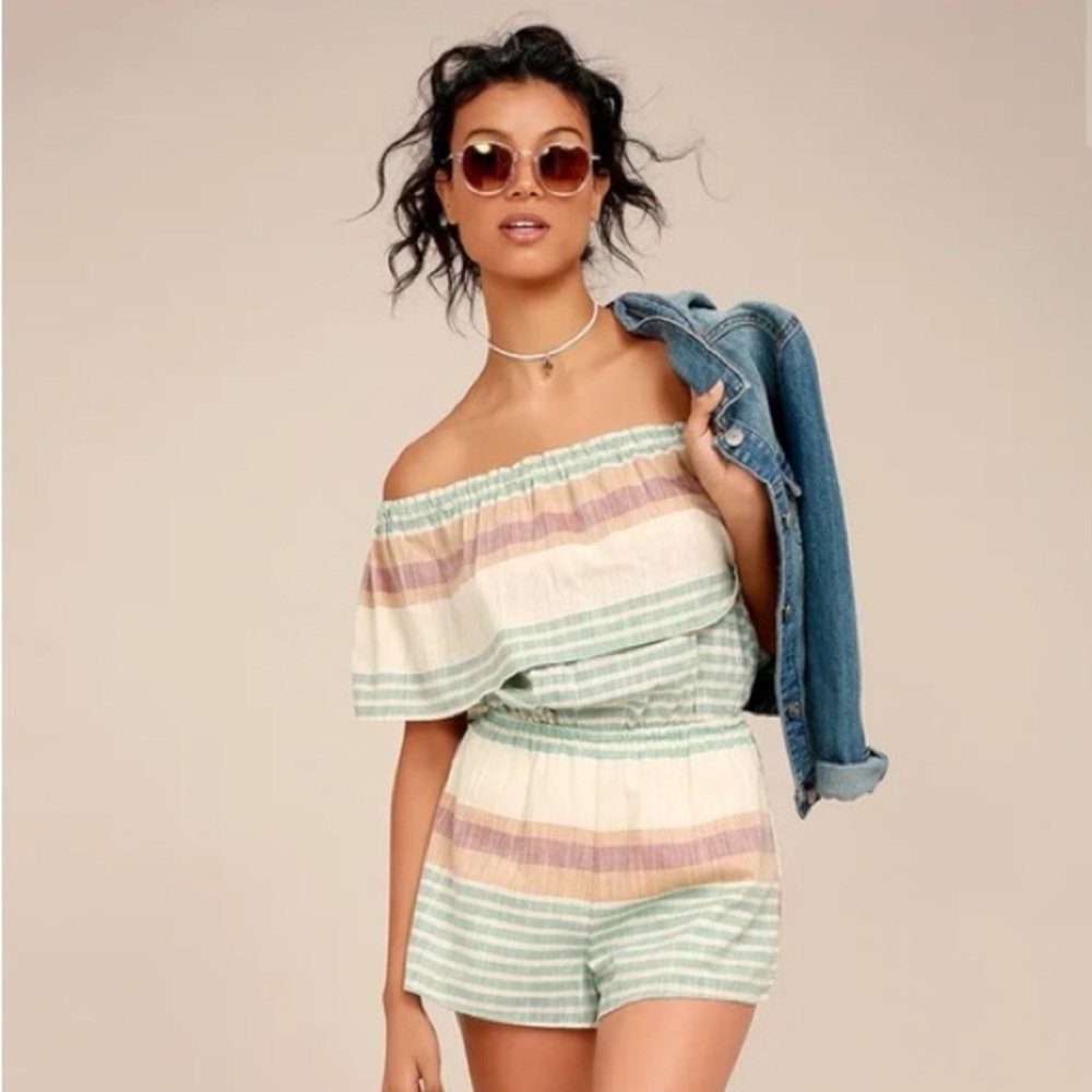 O’Neill Pearce Off Shoulder Romper Small Beige Striped Cotton Beach Boho